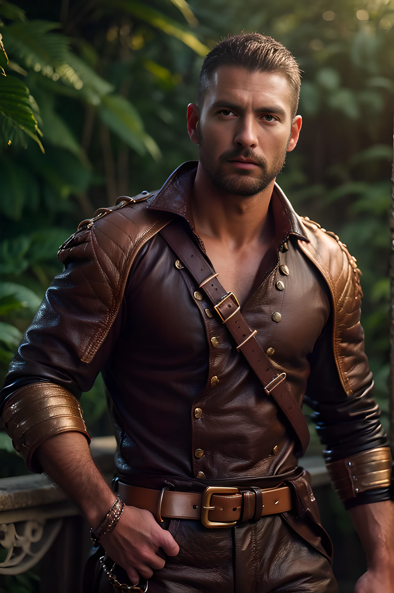 masterpiece, best quality,  realistic european man 19th century explorer wearing brown leather outfit with gold and black leather straps, large black belt at waist with accessories visible, jungle in background, Highly detailed, Detailed Face, Fully Focus, Full shot, sharp focus, illustration, Highly Detailed, Detailed Face, Half Shot, fully focus, HiRes, Hyper realistic, Ultra detailed render,  luminism, extreme detail, showing in 4k format, complex, epic, staged rendering of the character, super high quality model, 4k, 8k, cinematic quality rendering