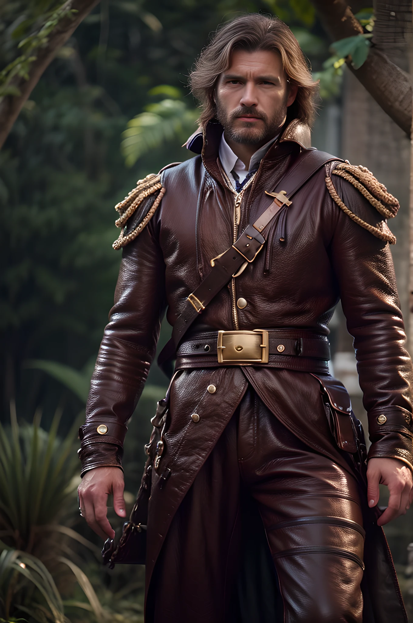 masterpiece, best quality,  realistic european man 19th century explorer wearing brown leather outfit with gold and black leather straps, large black belt at waist with accessories visible, jungle in background, Highly detailed, Detailed Face, Fully Focus, Full shot, sharp focus, illustration, Highly Detailed, Detailed Face, Half Shot, fully focus, HiRes, Hyper realistic, Ultra detailed render,  luminism, extreme detail, showing in 4k format, complex, epic, staged rendering of the character, super high quality model, 4k, 8k, cinematic quality rendering