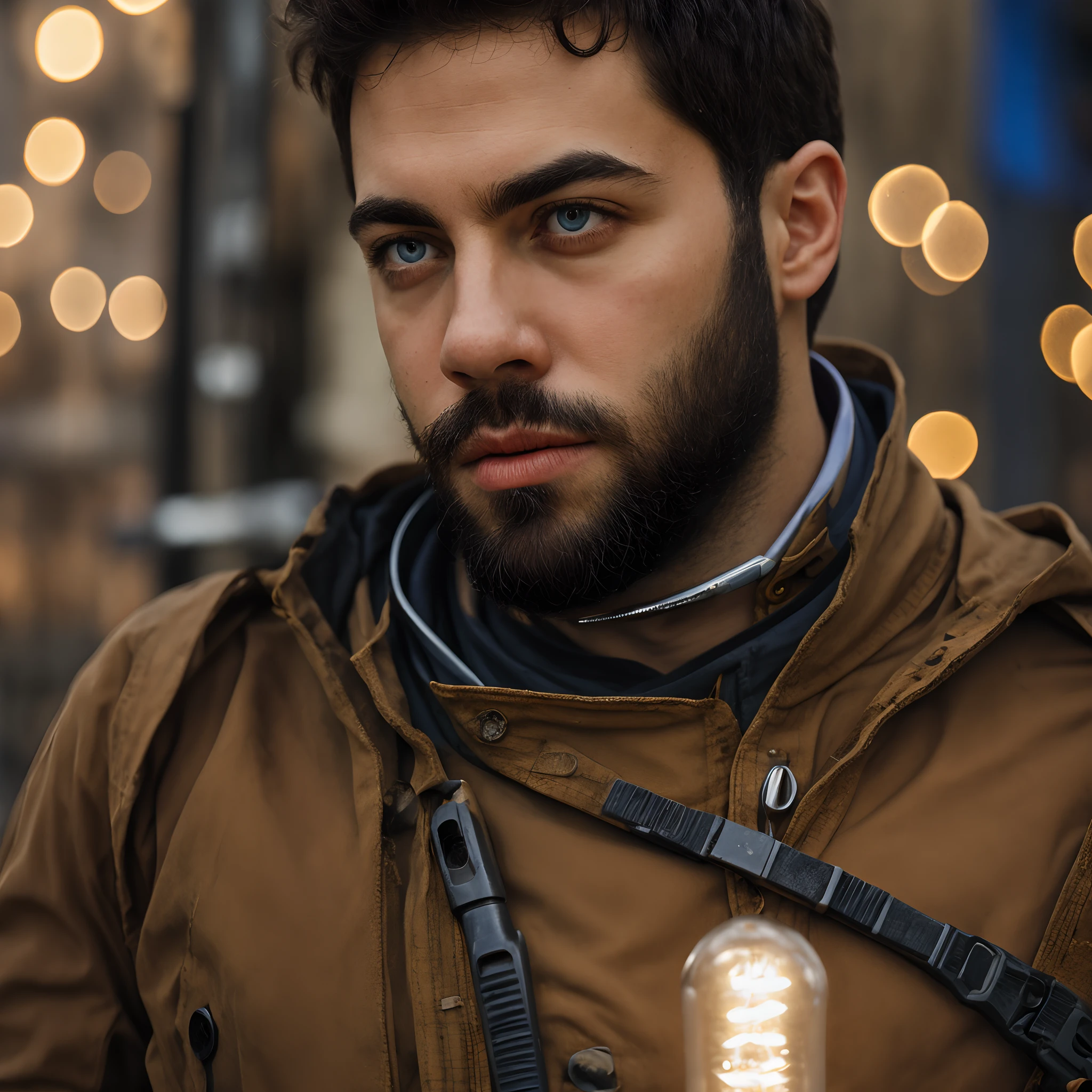 Portrait photo of muscular bearded guy in a worn mech suit, ((light bokeh)), intricate, (steel metal [rust]), elegant, sharp focus, photo by greg rutkowski, soft lighting, vibrant colors, (masterpiece), ((streets)), (detailed face:1.2), (glowing blue eyes:1.1)