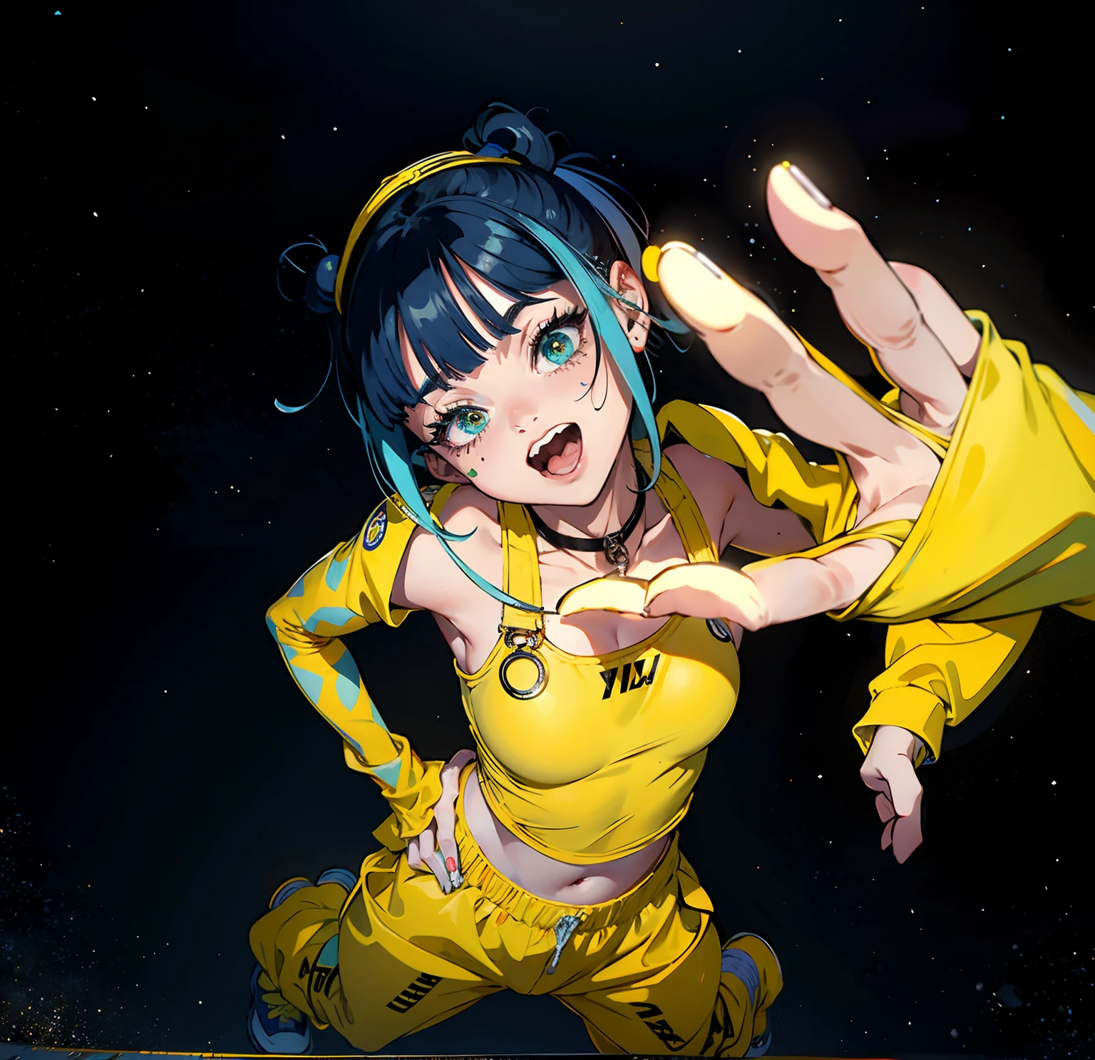 Anime girl in yellow outfit with blue hair and headphones - SeaArt AI