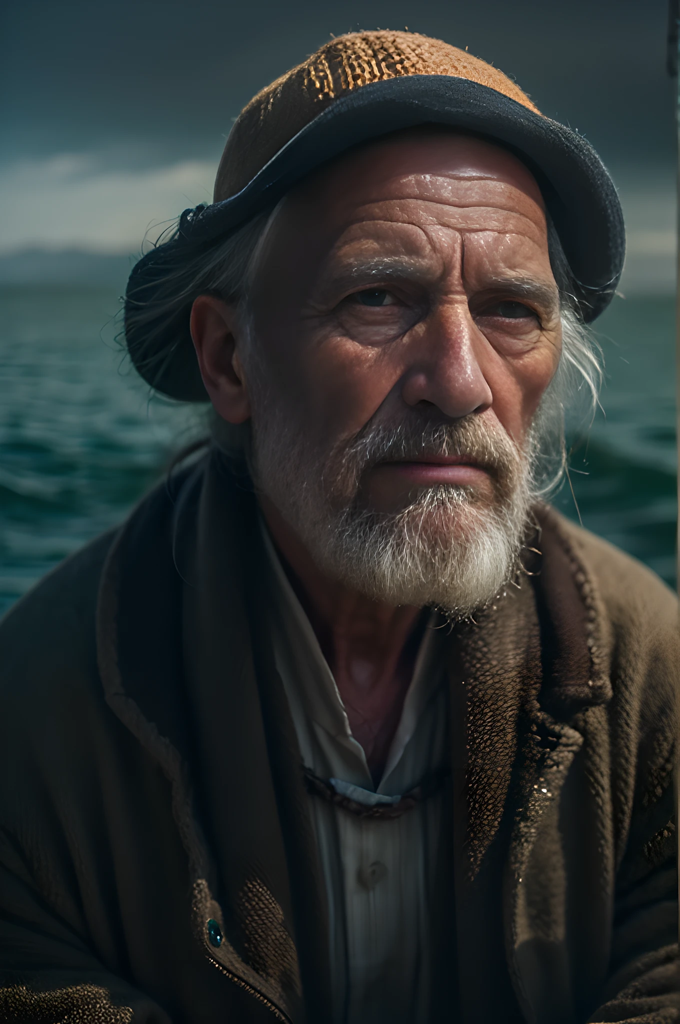 a portrait of an old man andalusian whale fisherman!!!!!! in the ocean, oil painting by johannes vermeer and edward hopper – n 4 d 5 0 k trending on artstation dramatic lighting modernism 8k resolution detailed high detail sharp focus illustration cyberpunk 2d 6 engine very highly aesthetic octane render beautiful concept volumetric foggy atmosphere realistic light glow dark background contrast hyperrealistic unreal depth perception masterpiece award