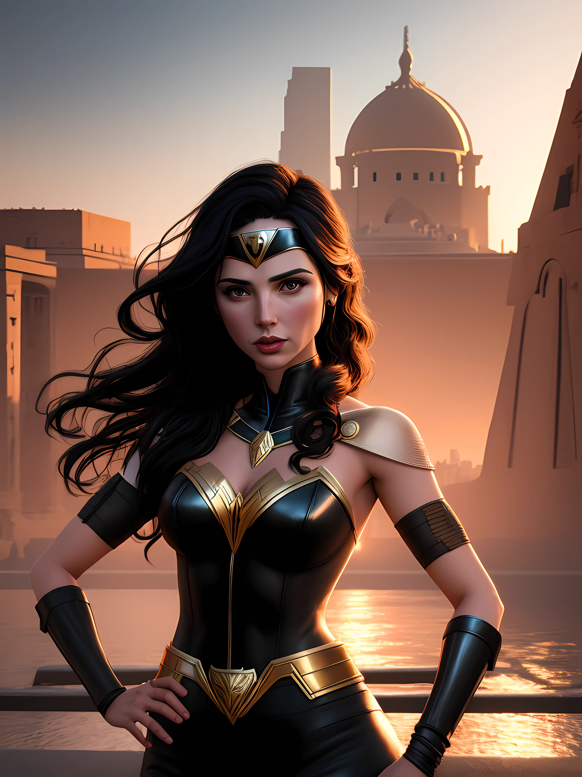 Retrato realista de [Gal gadot: 0,5], tarde de por do sol, Ciudad de El Cairo, Arte centralizada, 3D, vector, Salpicaduras de colores vivos, detalles intrincados, Viñeta de borde, Greg Rutkowski,