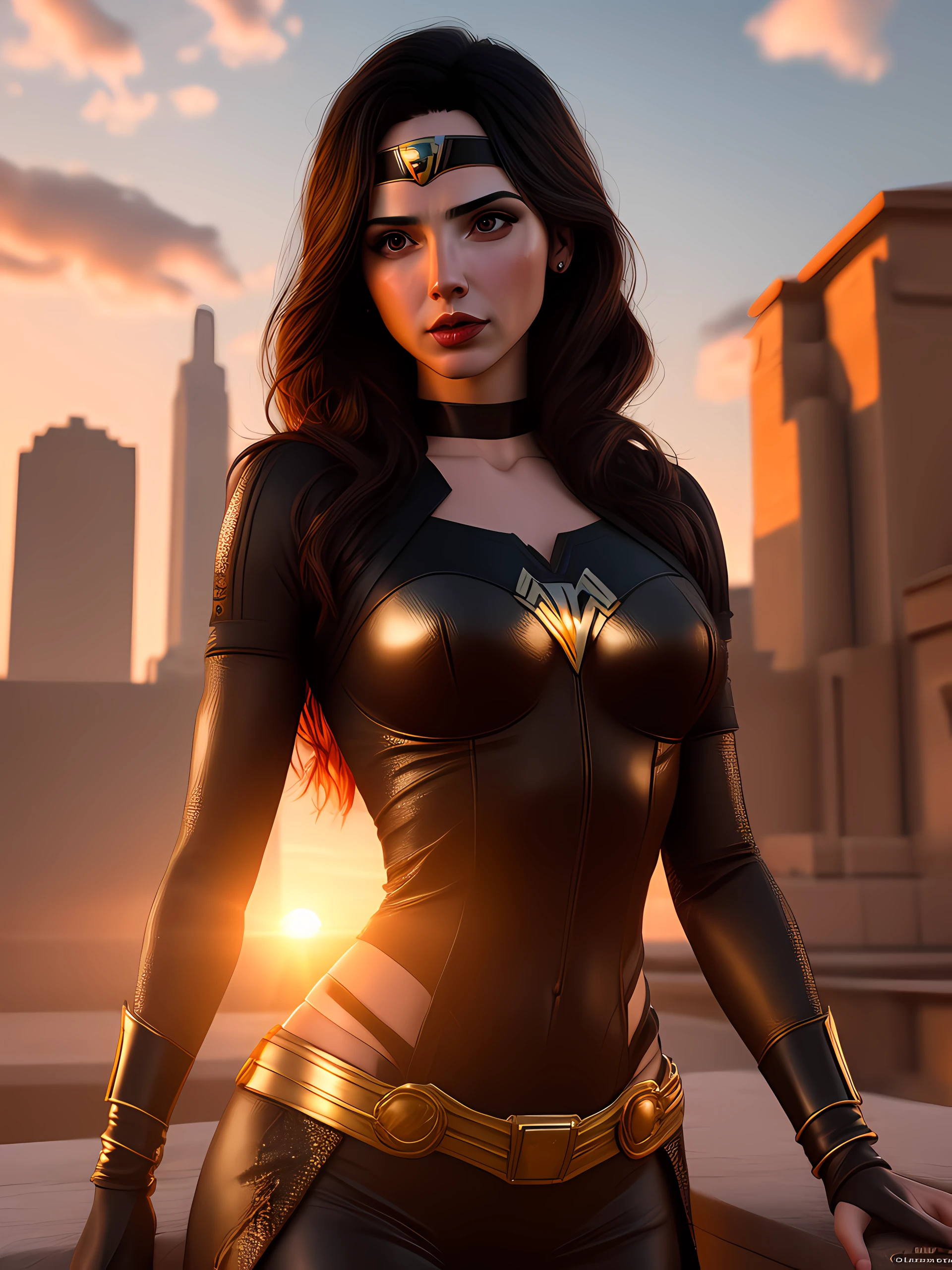 Retrato realista de [Gal gadot: 0,5], tarde de por do sol, Ciudad de El Cairo, Arte centralizada, 3D, vector, Salpicaduras de colores vivos, detalles intrincados, Viñeta de borde, Greg Rutkowski,