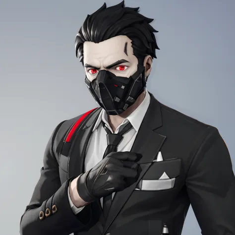 male characters , have a black mask in his mouth ( black clothmask ) , black jacket and white shirt, black pushed back hair , re...