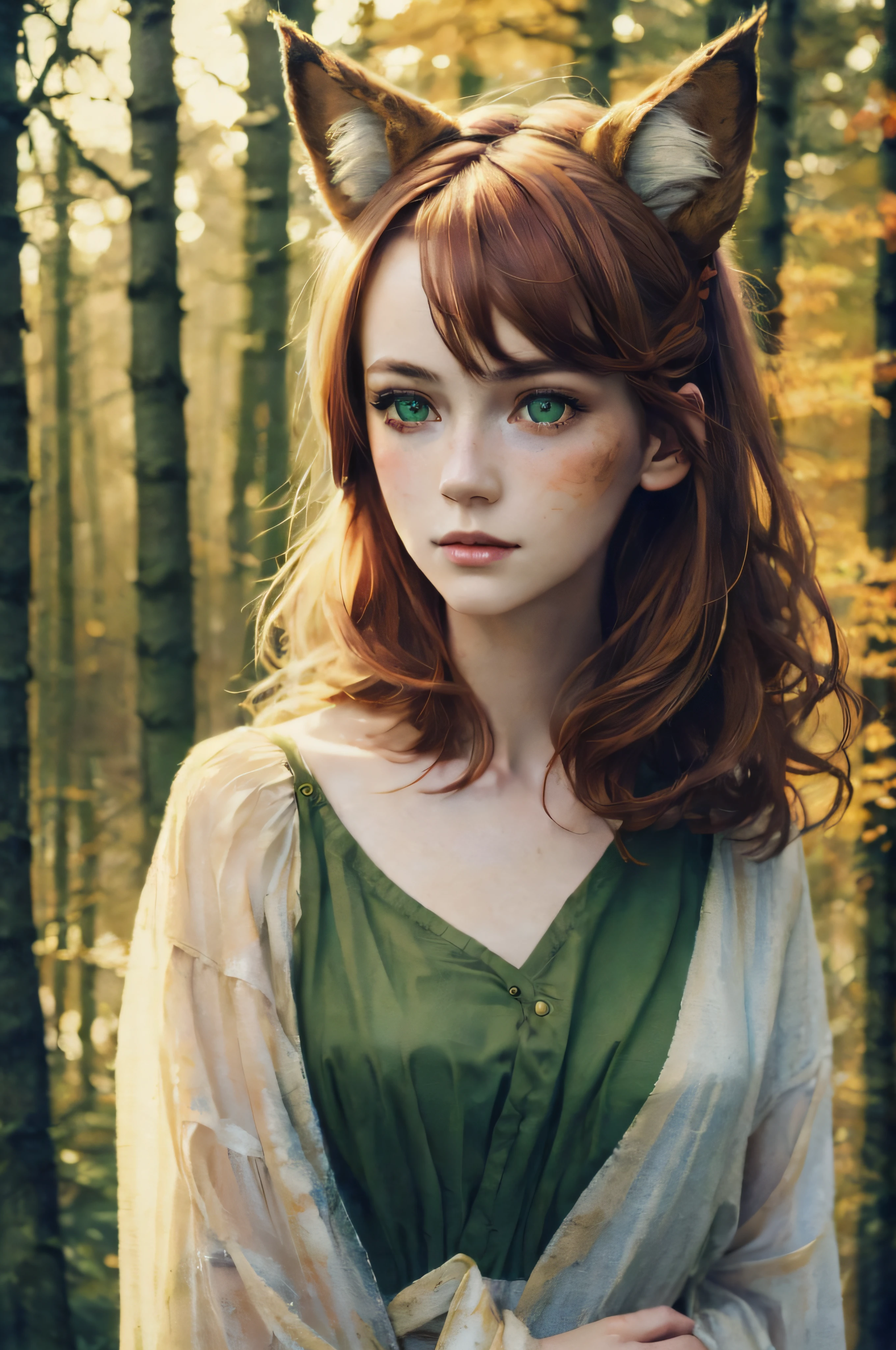 (8k, best quality, masterpiece:1.2),(best quality:1.0), (ultra highres:1.0), watercolor, a 1 beautiful woman with cat-ears and cat-tail, hair ribbons, by agnes cecile, full body portrait, extremely luminous bright design, pastel colors, (ink:1.3), autumn lights, (Serious:0.5), (Highly detailed face:1.4), Nikon D850, film stock photograph ,4 Kodak Portra 400 ,camera f1.6 lens ,saturated colors, forest, short light-brown bun hair, green cat-eyes, Vintage dress