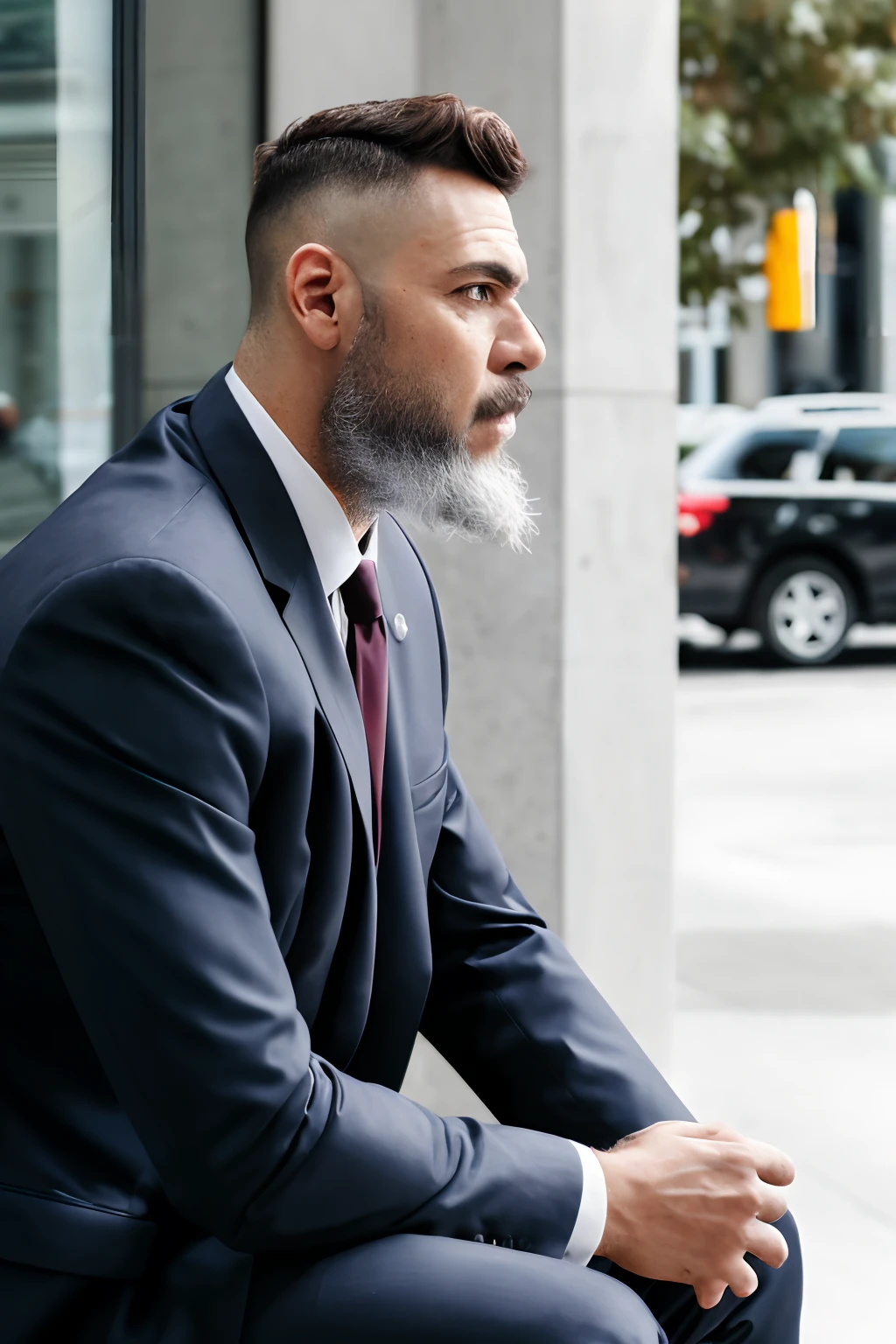 (RAW写真:1.2), スーツを着た男性が外に座っている, あごひげ, 疲れた, 隠し撮り, 最高品質, 8K, 超高解像度, 写実的な