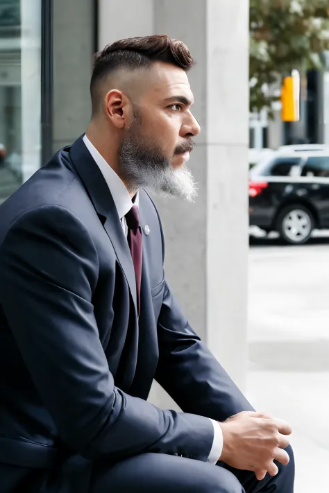 (raw photo:1.2), a man wearing a business suit sitting outside, beard, tired, candid shot, best quality, 8k, uhd, photorealistic