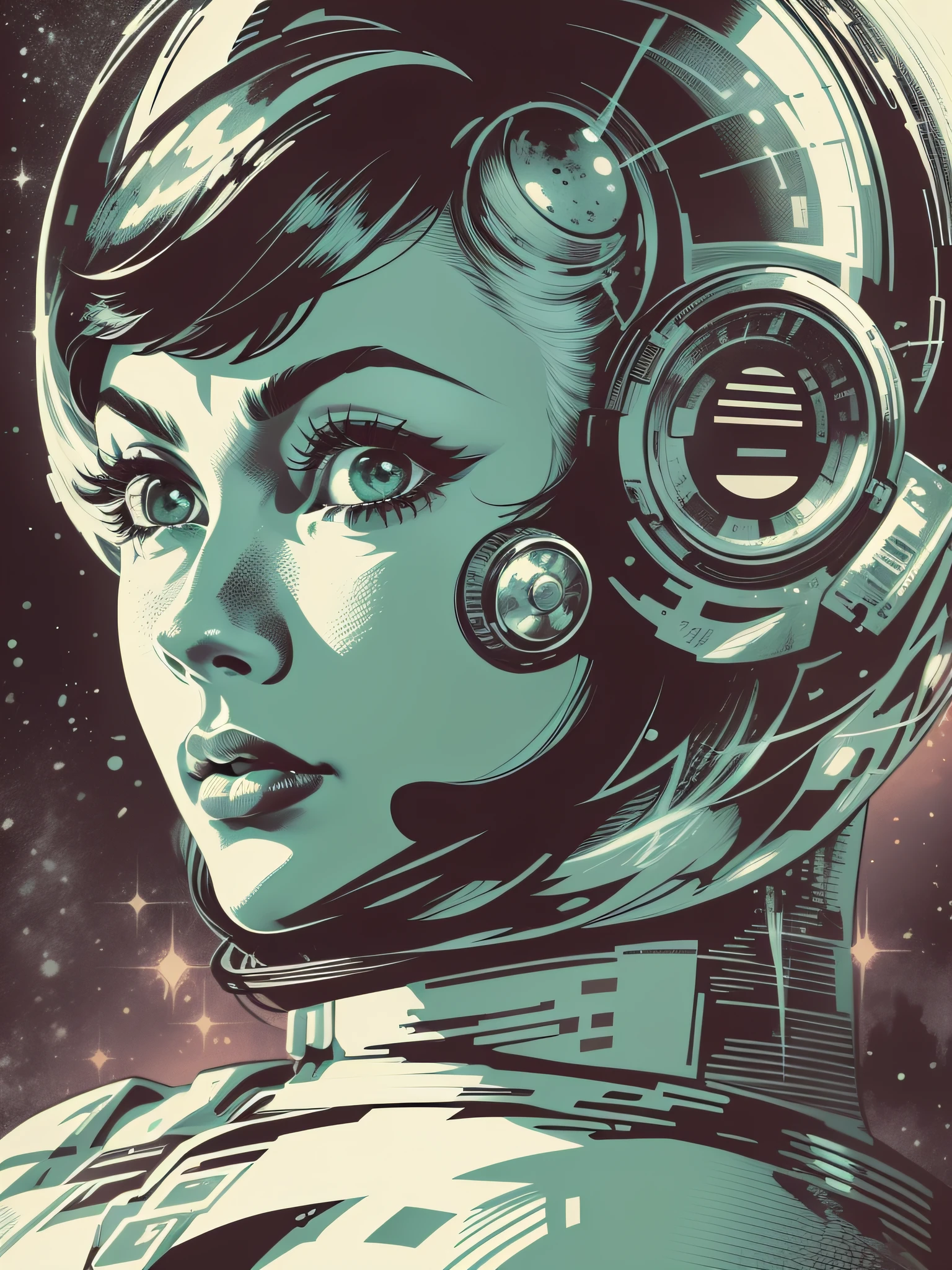 vector for t-shirt print of a female face style sci-fi movies from the 50s, style image from old movies from the 60s, image with white background, highlight for styled image of space movies from the 50s and their look