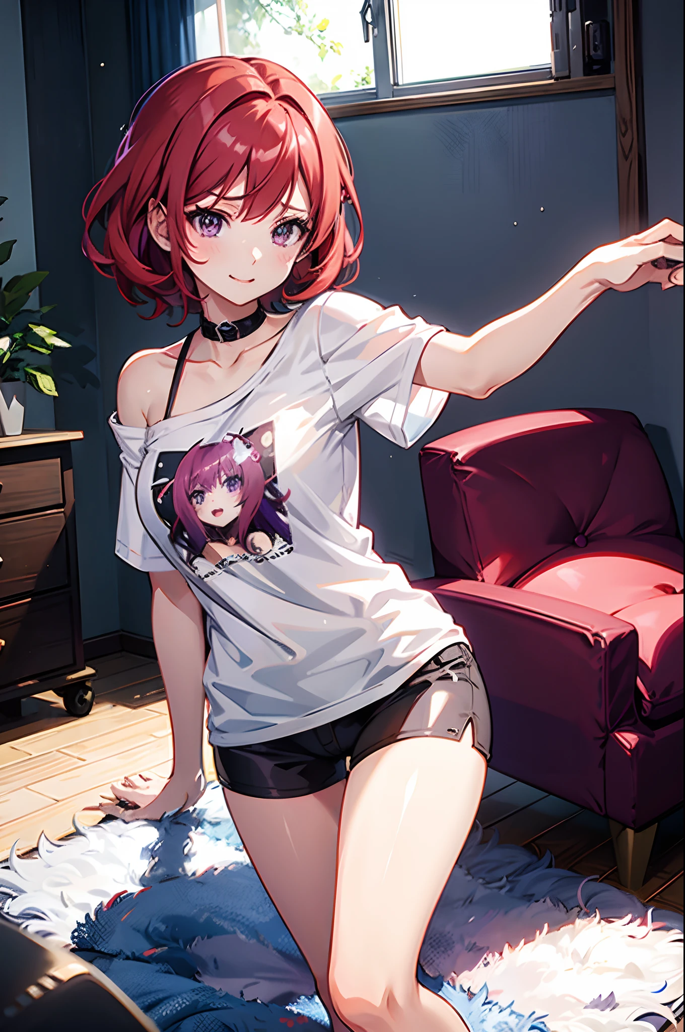 Anime girl with red short disheveled hair, purple eyes, wearing short shirt, sunny day, Living room, cute face, ultrasharp 8k seductive girl, perfect eyes,