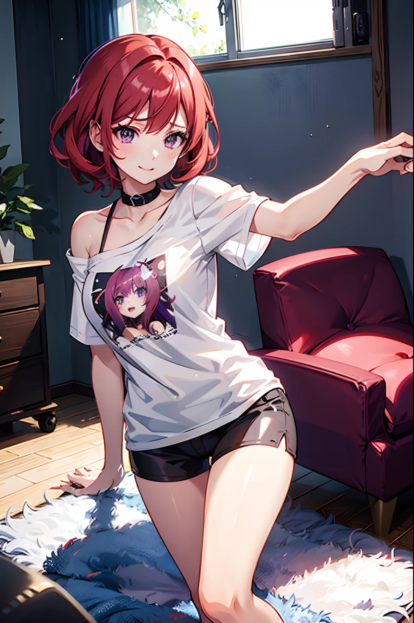 Anime girl aux cheveux courts et ébouriffés rouges, yeux violets, porter une chemise courte, journée ensoleillée, salon, visage mignon, fille séduisante ultrasharp 8k, yeux parfaits,