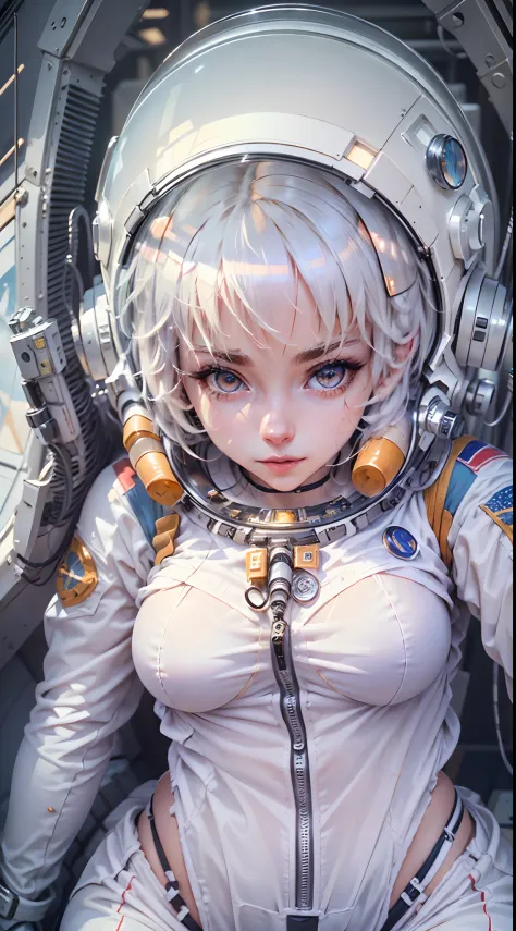 ((1girl)), asronaut girl, orange hair, (((gravity 0))) ,beautiful face, (photo realistic:1.3), looking at viewer, inside a space...