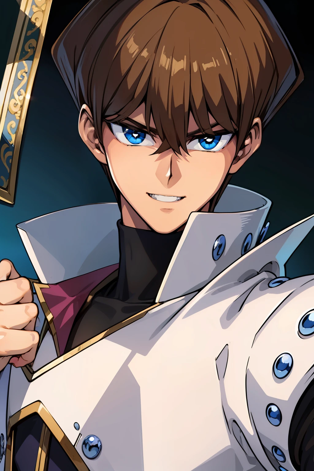 (masterpiece, best quality, ultra-detailed), 1boy, blue eyes, brown hair, man body, portrait shot, looking at viewer, smiling expression, Seto Kaiba, with a one card in the hand