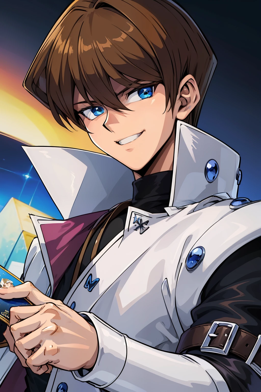(masterpiece, best quality, ultra-detailed), 1boy, blue eyes, brown hair, man body, portrait shot, looking at viewer, smiling expression, Seto Kaiba, with a one card in the hand