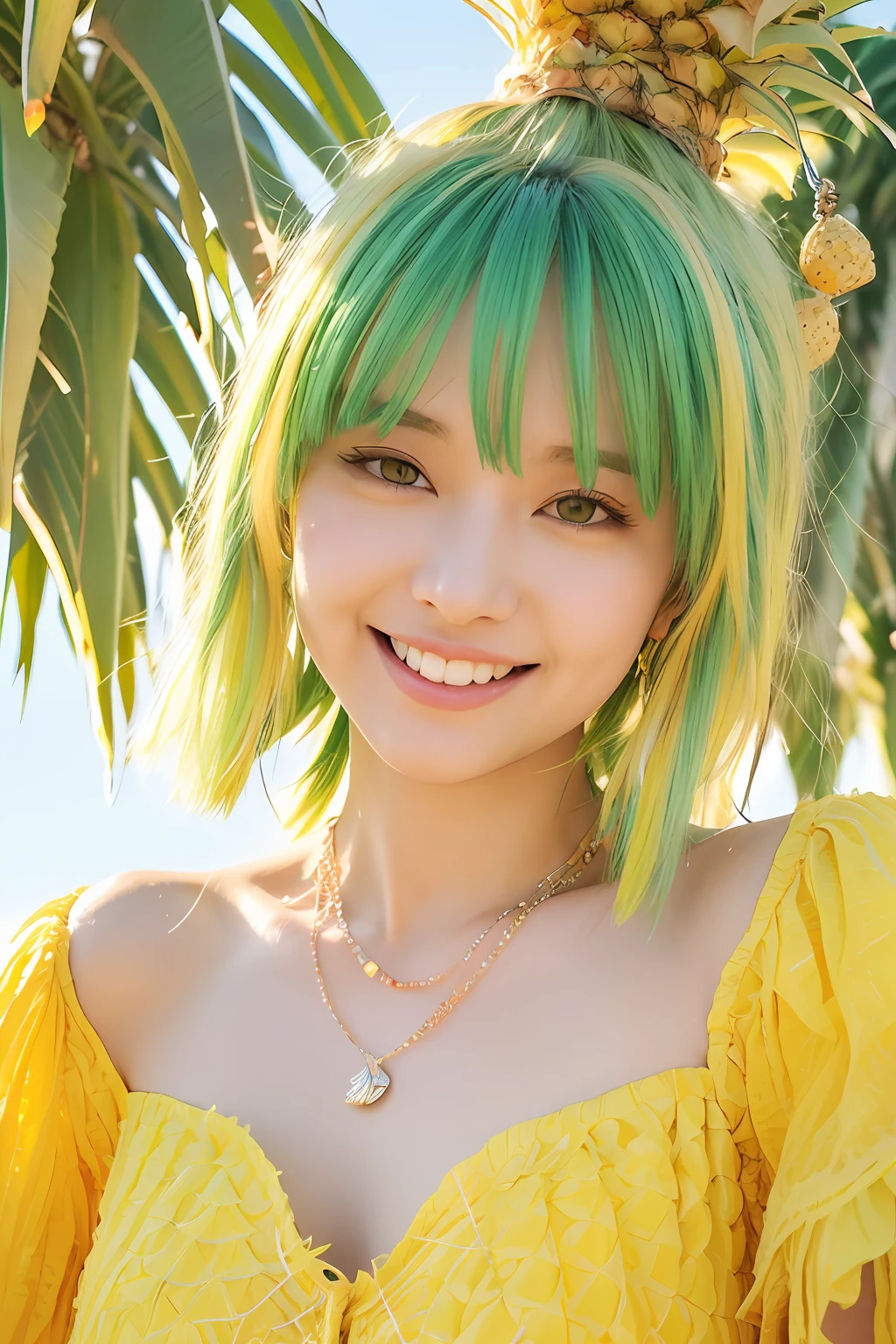 (extra detailed body、extra detailed face、best qualtiy:1.2)、femele、looking at the viewers、(Yellow and yellow-green gradient hair color、a smile、14years、Piercing of bird feathers up to the shoulder、a necklace、colourfull)、(Lots of pineapples in the background)