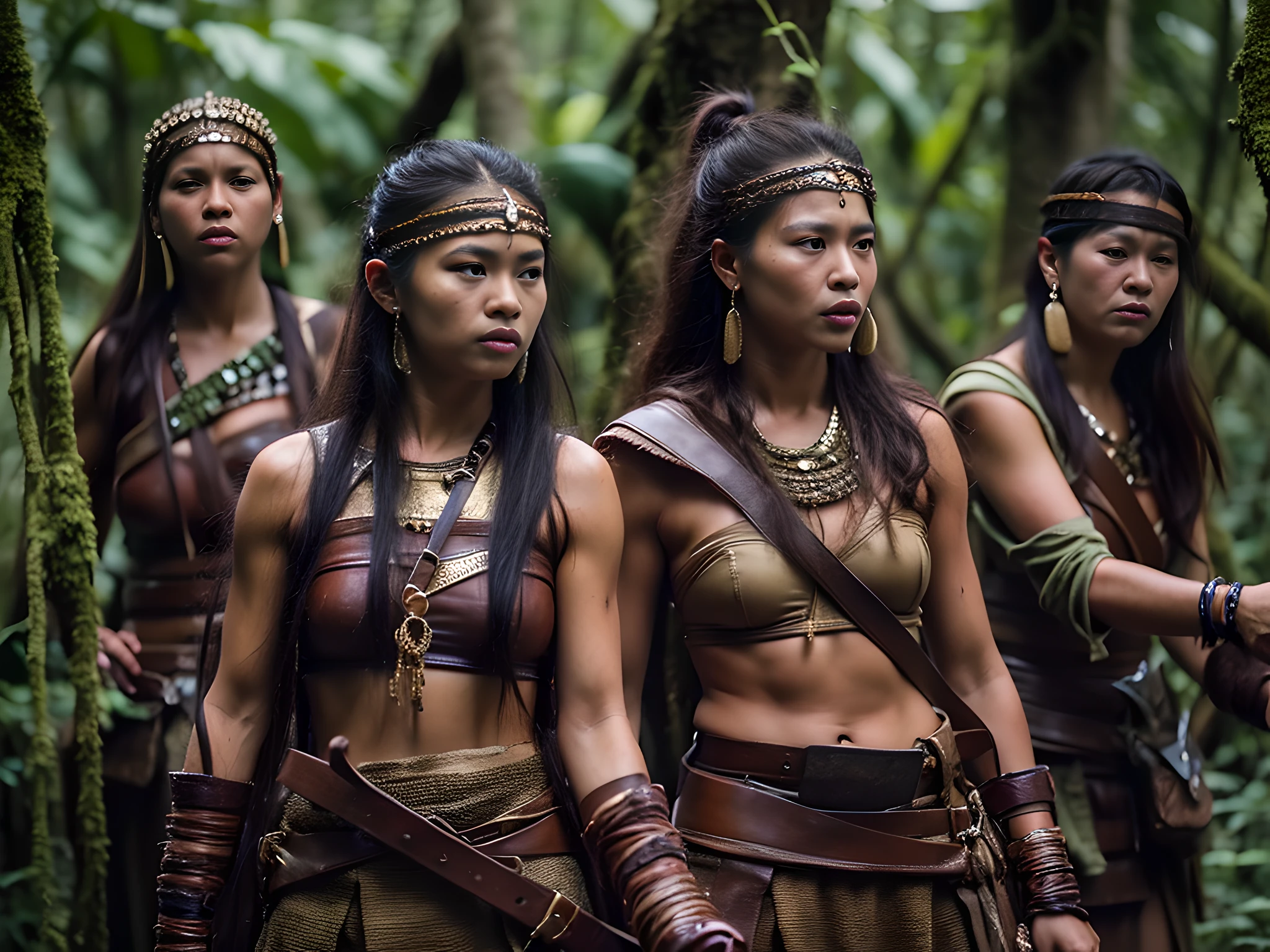 RAW Photo, ((powerful)), ((fierce)), ((Uncompromising)), A group of Amazon women , Their presence inspires respect and evokes awe. Dressed in an open leather vest, Each warrior wields weapons such as bows and arrows. Their rugged, weathered faces bear witness to countless battles and untamed courage. standing against a backdrop of a dense forest with huts in the branches of the sturdiest trees, They represent the indomitable spirit of the Amazons. with their flowing hair and determined expressions, They embody strength, bravery, and the unbreakable bond of sisterhood. This scene captures the essence of their rich history and fierce warrior traditions, Immersing you in an epic saga of valor and conquest. eye-level, scenic, Masterpiece.