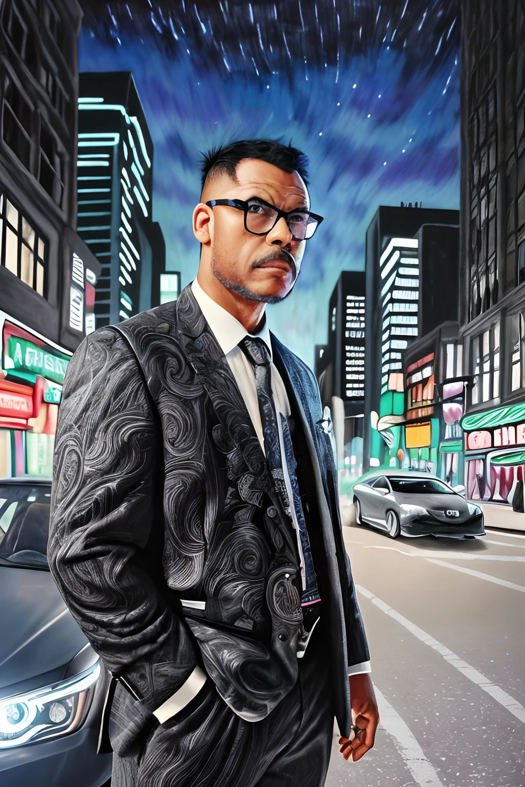 guttonerdvision10, a drawing of a bespectacled man wearing glasses, with a (hyper-detailed face:1.3), wearing social clothing with a tie, posing next to his silver gray sedan car. Street, night, illuminated buildings, hyperrealistic background, background blur. By Alex Ross, detailed, 8k