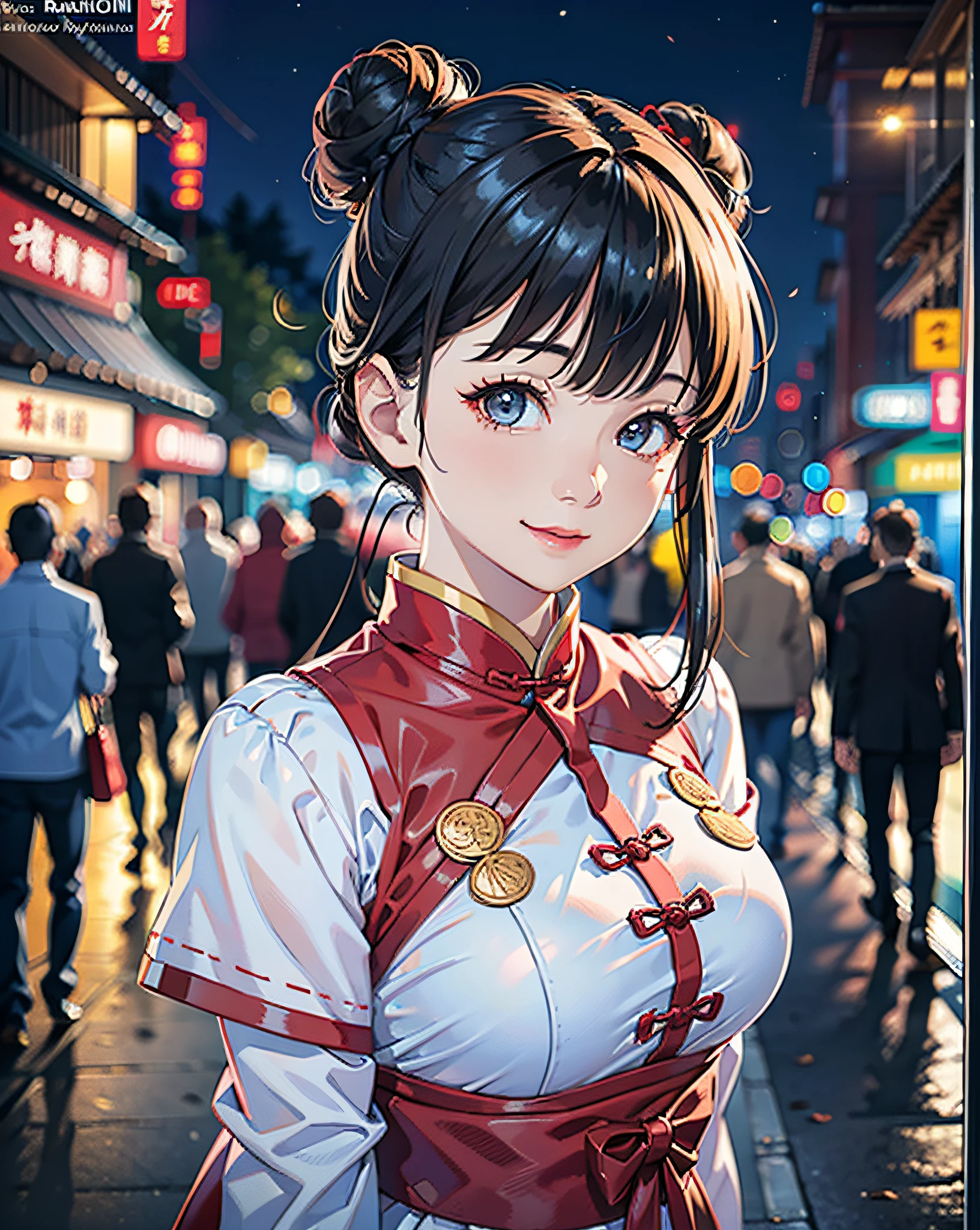 (8k, RAW photo, best quality, masterpiece:1.2), (realistic, photo-realistic:1.37),1girl, simple chinese-town background, night, night time, professional lighting, photon mapping, radiosity, Japanese Doll, Korean idol face, bangs, pretty face, medium-large breasts, red chinese clothes, single-bun hair style:1.3, detailed hair style, no human background, cowboy shot, arms behind back, cute smile, happy,