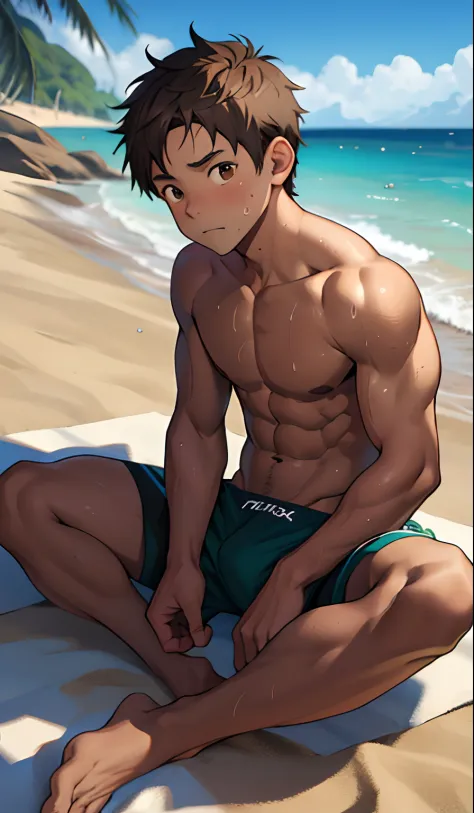(masutepiece, Best Quality), １Boy，Lewdness，younge boy，child-faced，Boy's face，sideface，Lying naked on the sandy beach，Covered in sweat，adolable，infancy，young age，short round face，Flat chin，finely detaild face，Color Brief，well-muscled, short bronze hair, Bro...