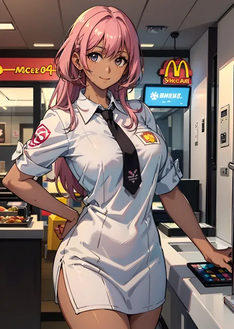 ((((Representative work 3.0、top-quality、Smile 3.0、Wearing a McDonald's uniform 4.0、Blouse、Looking at me over the McDonald's counter、Work as a clerk at McDonald's、Brown skin、Pink hair 3.0、dynamic pose1.5、large full breasts、Brown skin color、A pink-haired、Wea...