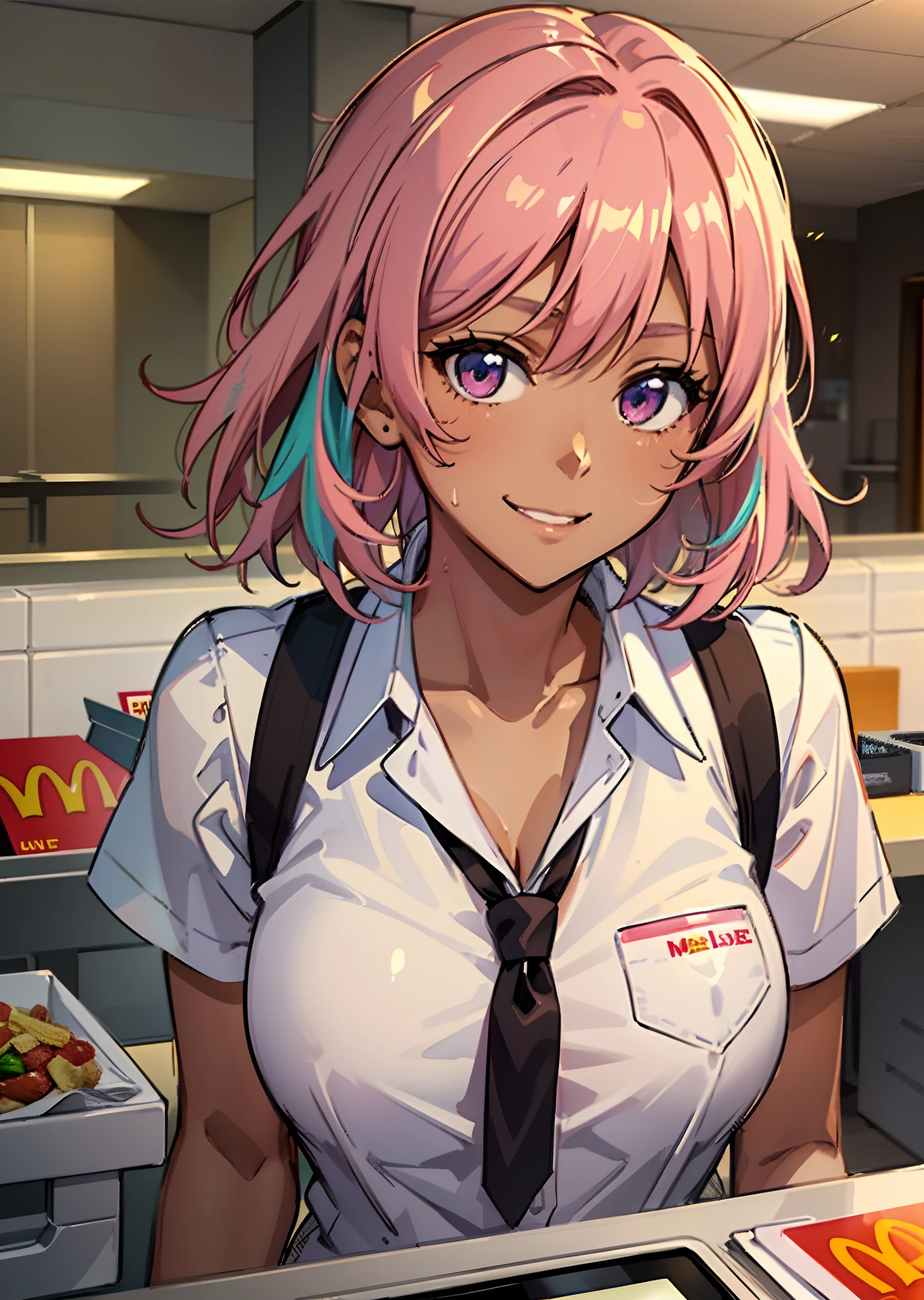 ((((Representative work 3.0、top-quality、Smile 3.0、Wearing a McDonald's uniform 4.0、Blouse、Look at me over the McDonald's counter、Work as a clerk at McDonald's、Brown skin、Pink hair 3.0、dynamic pose1.5、large full breasts、Brown skin color、A pink-haired、Wearing sweat、ssmile、)))((()))、Long body、(((((、long legged))))),((((darkskin)))),((sun burn)),Whole human body、(((Shyness)))、Realistic skin type、an anime girl、Detailed Digital Anime Art、extremely detailed art germ、a hyperrealistic schoolgirl、Ilyakukvshinov、Smooth Anime CG Art、Ultra Realistic Woman、ig model、ArtGerm、Photorealistic anime girl rendering、digital anime art