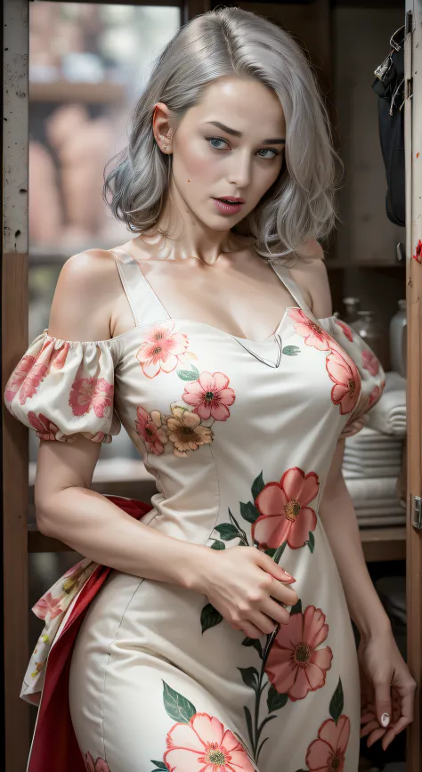 Sixties flower dress revealing shoulders