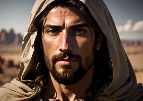 JESUS CHRIST PHOTO clear: realistic epic, smooth cinematic portrait, highly resalist, with rocky desert background, light brown ...