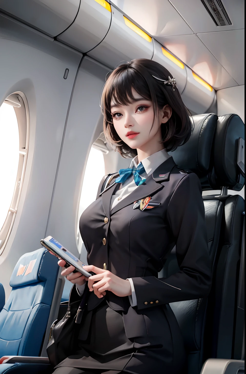 (masterpiece:1.2, best quality), 1girl, solo, Flight attendant, Uniform, Airplane, Service passengers, Providing safety instructions, Responding emergency, bangs, (shiny skin:1.15),