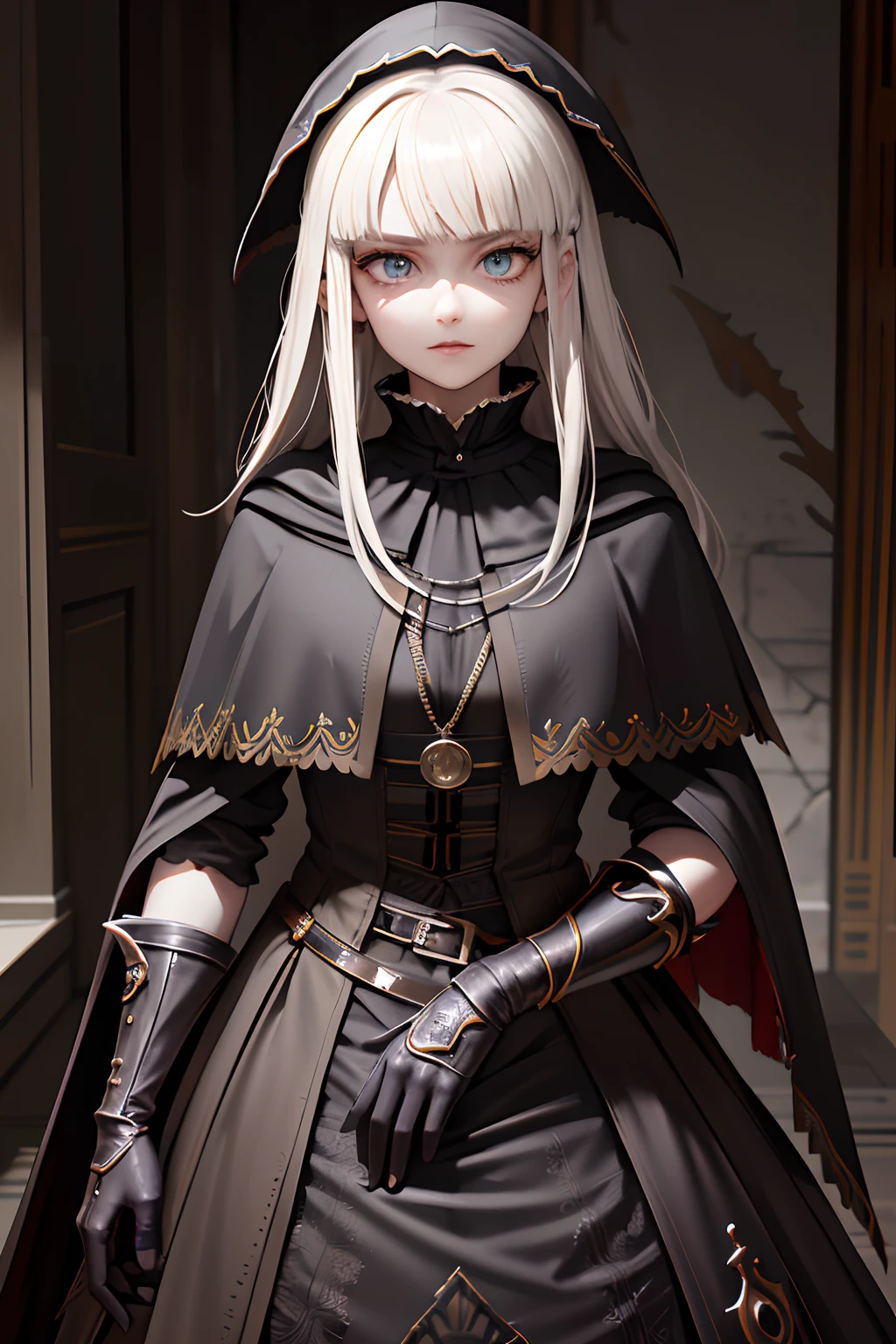 (highy detailed:1.3), 
1girl, standing alone, smug, (Eyes red:1.3), (glare eyes:1.2),  chic, mesmerizing,
edgBB,ful dressed,  black gloves, belt, trench coat, torn garments, capelet, gauntlets, arms at side, Vambraces, capelet Preto, tricorn,hat,  hunterxhunter (bloodstains), woman wearing edgBB_tenue,Ultra-detail, (highres:1.1), best quality, (master part:1.3), Cinematic lighting, 
(rosto e olhos highy detaileds:1.1),