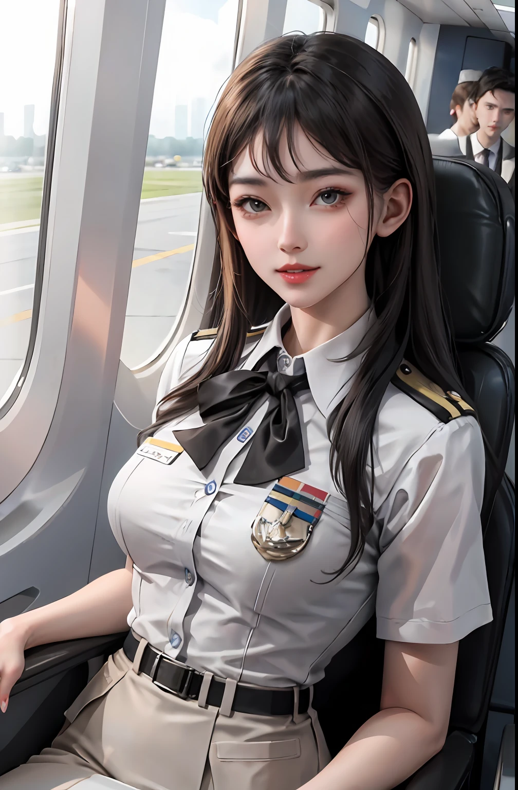 (masterpiece:1.2, best quality), 1girl, solo, Flight attendant, Uniform, Airplane, Service passengers, Providing safety instructions, Responding emergency, bangs, (shiny skin:1.15),