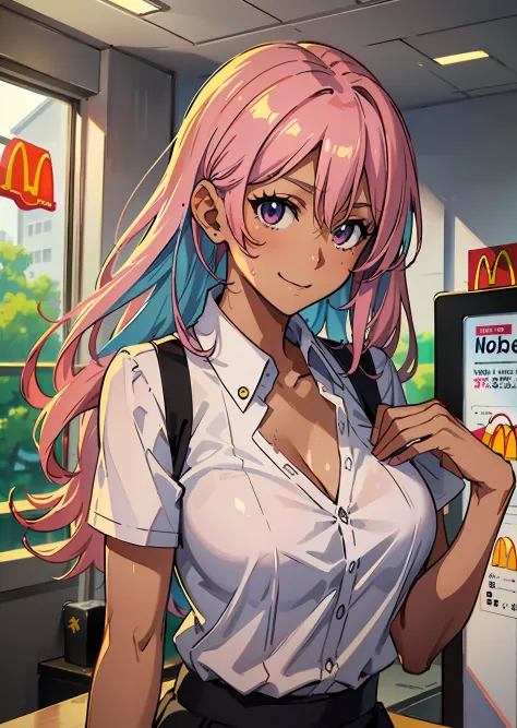 ((((Representative work 3.0、top-quality、Smile 3.0、Wearing a McDonald's uniform 4.0、Blouse、Look at me over the McDonald's counter、Work as a clerk at McDonald's、Brown skin、Pink hair 3.0、dynamic pose1.5、large full breasts、Brown skin color、A pink-haired、Wearin...