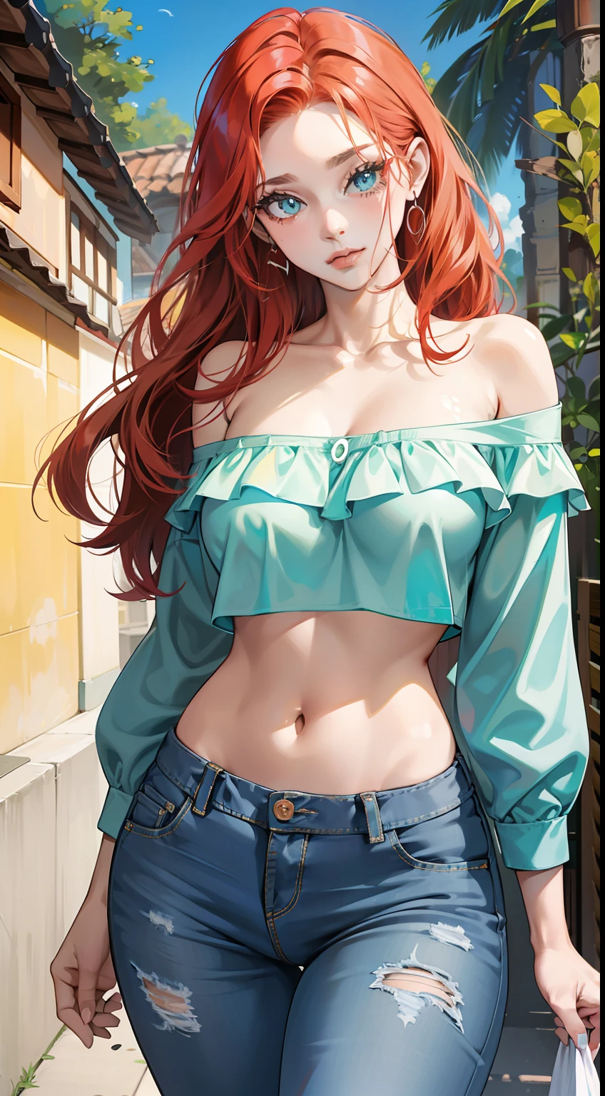 A woman with red hair and blue jeans is posing for a picture - SeaArt AI