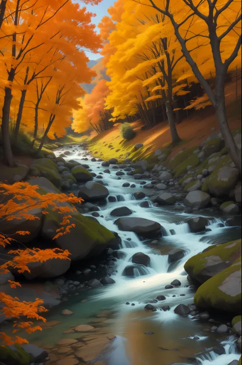 "breathtaking landscape, vibrant orange tree centered, flowing river"
