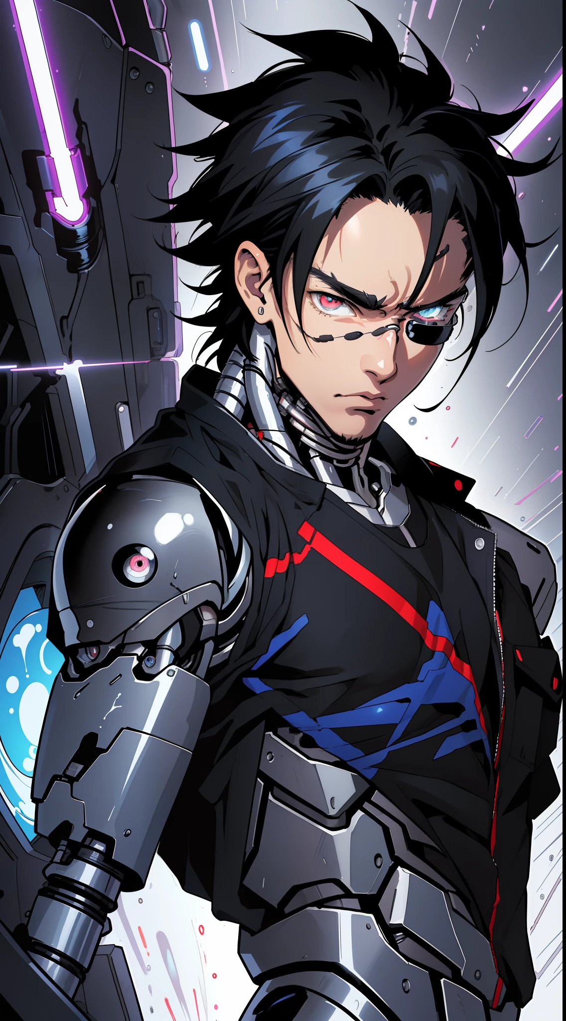 (anime) . Male ((((Terminator)))), black hair, . (Masterpiece: 1.8), (64k quality), (final fantasy artwork concept), detailed (manga eyes + hair + clothes + body + face + colors + shoulders + eyes (globular + transparent + liquid) + (sharper drawings) + (shiny jewelry) + (clothes folds) + (rounded eyes) + (consistent clothes) + (clothing features) + (eyes line), better (colorful + (coarser line) + (black line) + finishing . [Drawing] (Anime (Manga (Comics))) + (Coarse Line: 1.8) + (Black Line: 1.8) + (Color: 1.8) + (Clean: 1.8) + (Contrast: 1.8) + (Black Outline: 1.8) + (adjusted colors: 1.8) + (shadow set: 1.8) + (manga eyes: 1.8), ((made homogeneous: 1.3))