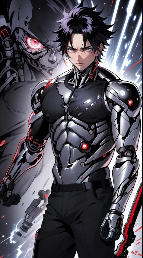 (anime) . male ((((terminator)))), black hair, deep red eyes . (masterpiece: 1.8), (64k quality), (final fantasy artwork concept...