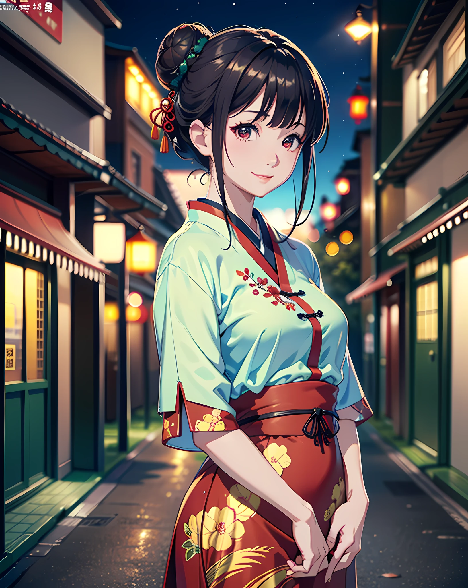 (8k, RAW photo, best quality, masterpiece:1.2), (realistic, photo-realistic:1.37), anime style, 1girl, simple chinese-town background, night, night time, professional lighting, photon mapping, radiosity, Japanese Doll, Korean idol face, bangs, pretty face, medium-large breasts, red chinese clothes, single-bun hair style:1.3, detailed hair style, no human background, cowboy shot, arms behind back, cute smile, happy,