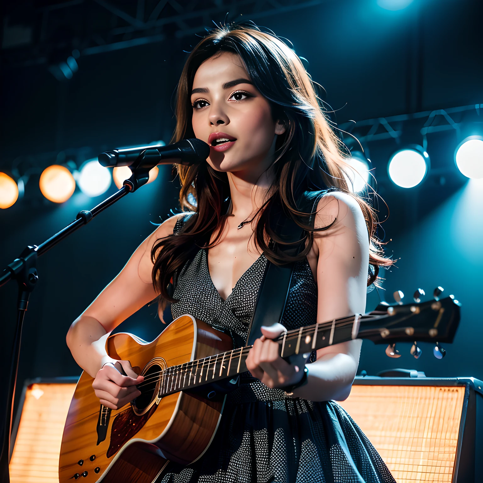 una mujer hermosa (Famosa estrella del pop) De pie en un escenario tocando una guitarra en un concierto pop, Influenciador de Instagram, Caliente en CANON R5, Estación de acoplamiento de 85 mm, sesión de fotos, Profundidad de campo, Increíblemente detallado, Hiper maximalista, elegante, hiperrealista , súper detallado, dinámica  pose, centrado, Director de fotografía, luz, dinámica, Altamente detallado, enfoque nítido