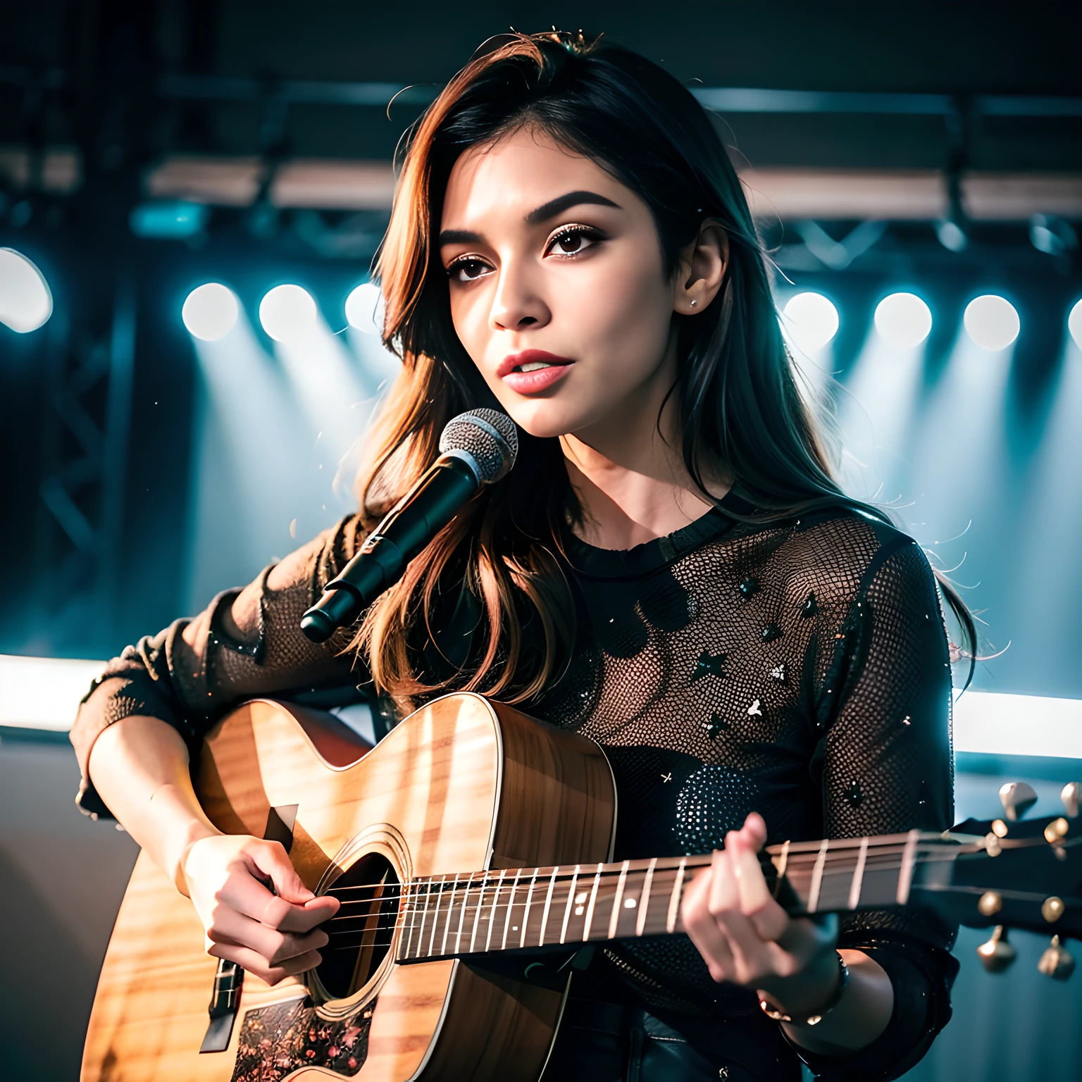 A pretty woman (famous pop star) Standing on a stage playing a guitar at a pop concert, Instagram Influencer, Hot on CANON R5, 85 mm docking station, photo session, depth of field, Incredibly intricately detailed, Hyper maximalist, elegant, hyperrealistic , super detailed, dynamic  pose, centered, Cinematographer, daylight, dynamic, Highly detailed, sharp focus