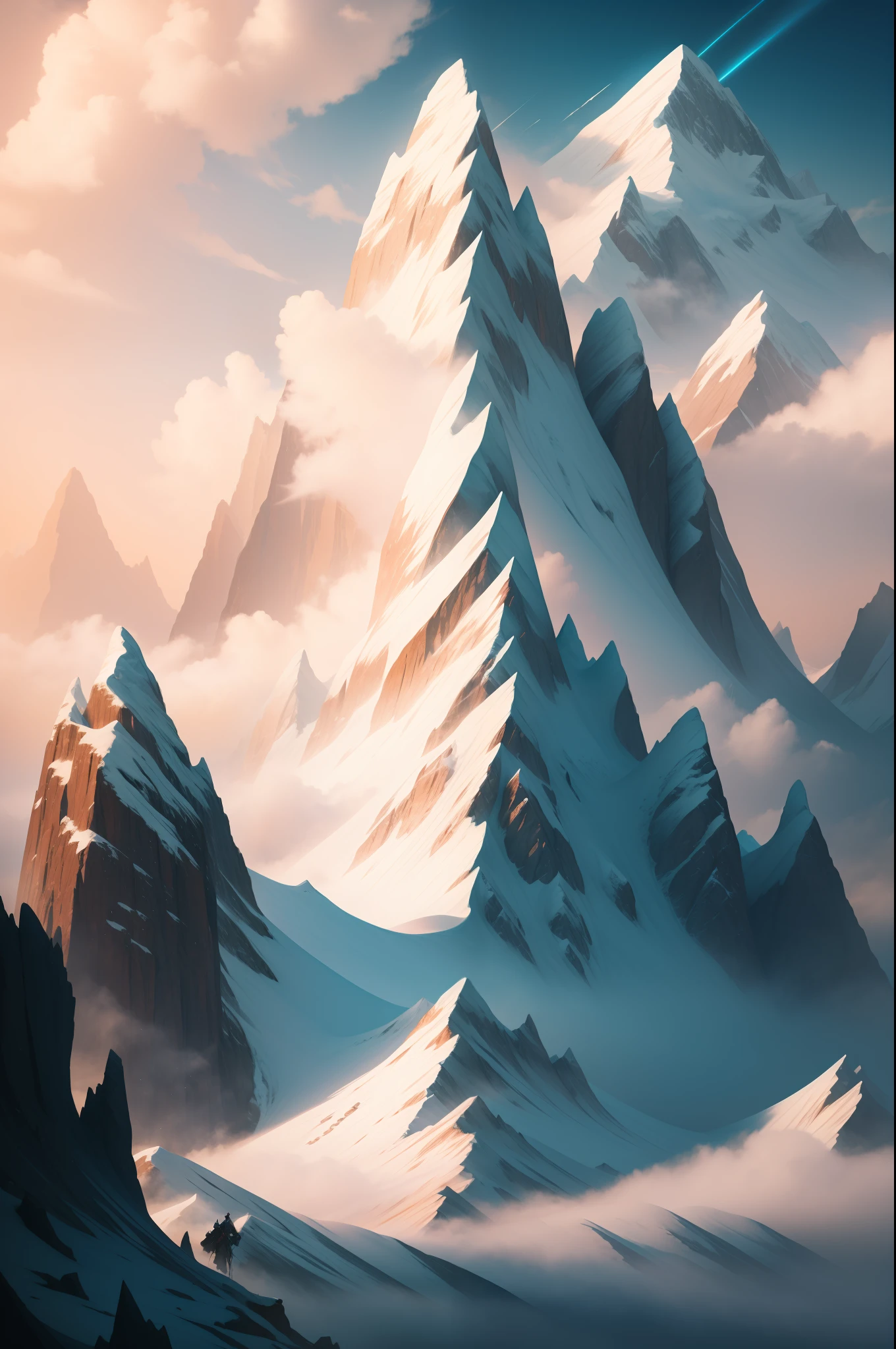 Es gibt einen Berg mit Fantasy-Figuren auf dem Gipfel des Berges，volumetrisches Licht，Illustration，Photoshop，Illustrator，Gemälde eines，handgemalt，4K