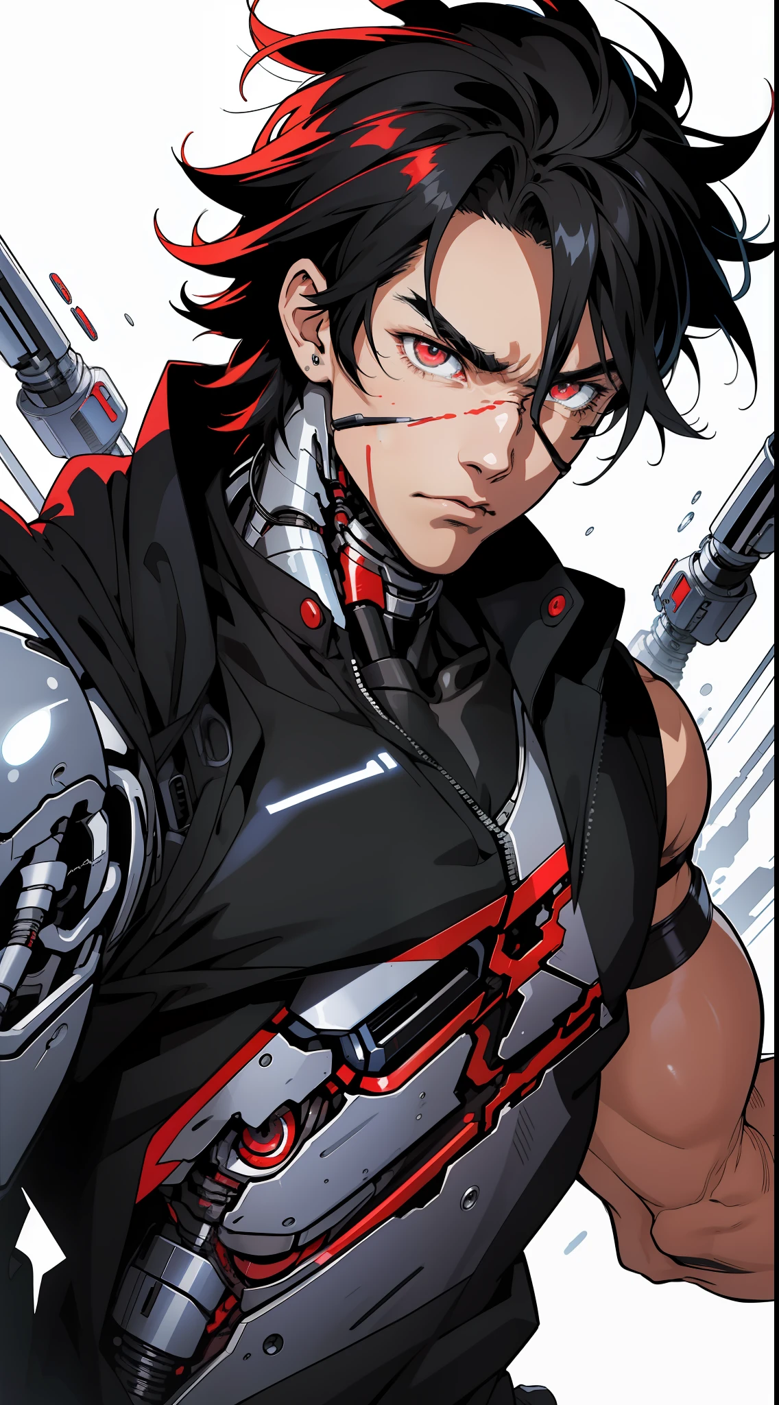 (anime) . Male ((((Terminator)))), black hair, deep red eyes . (Masterpiece: 1.8), (64k quality), (final fantasy artwork concept), detailed (manga eyes + hair + clothes + body + face + colors + shoulders + eyes (globular + transparent + liquid) + (sharper drawings) + (shiny jewelry) + (clothes folds) + (rounded eyes) + (consistent clothes) + (clothing features) + (eyes line), better (colorful + (coarser line) + (black line) + finishing . [Drawing] (Anime (Manga (Comics))) + (Coarse Line: 1.8) + (Black Line: 1.8) + (Color: 1.8) + (Clean: 1.8) + (Contrast: 1.8) + (Black Outline: 1.8) + (adjusted colors: 1.8) + (shadow set: 1.8) + (manga eyes: 1.8), ((made homogeneous: 1.3))