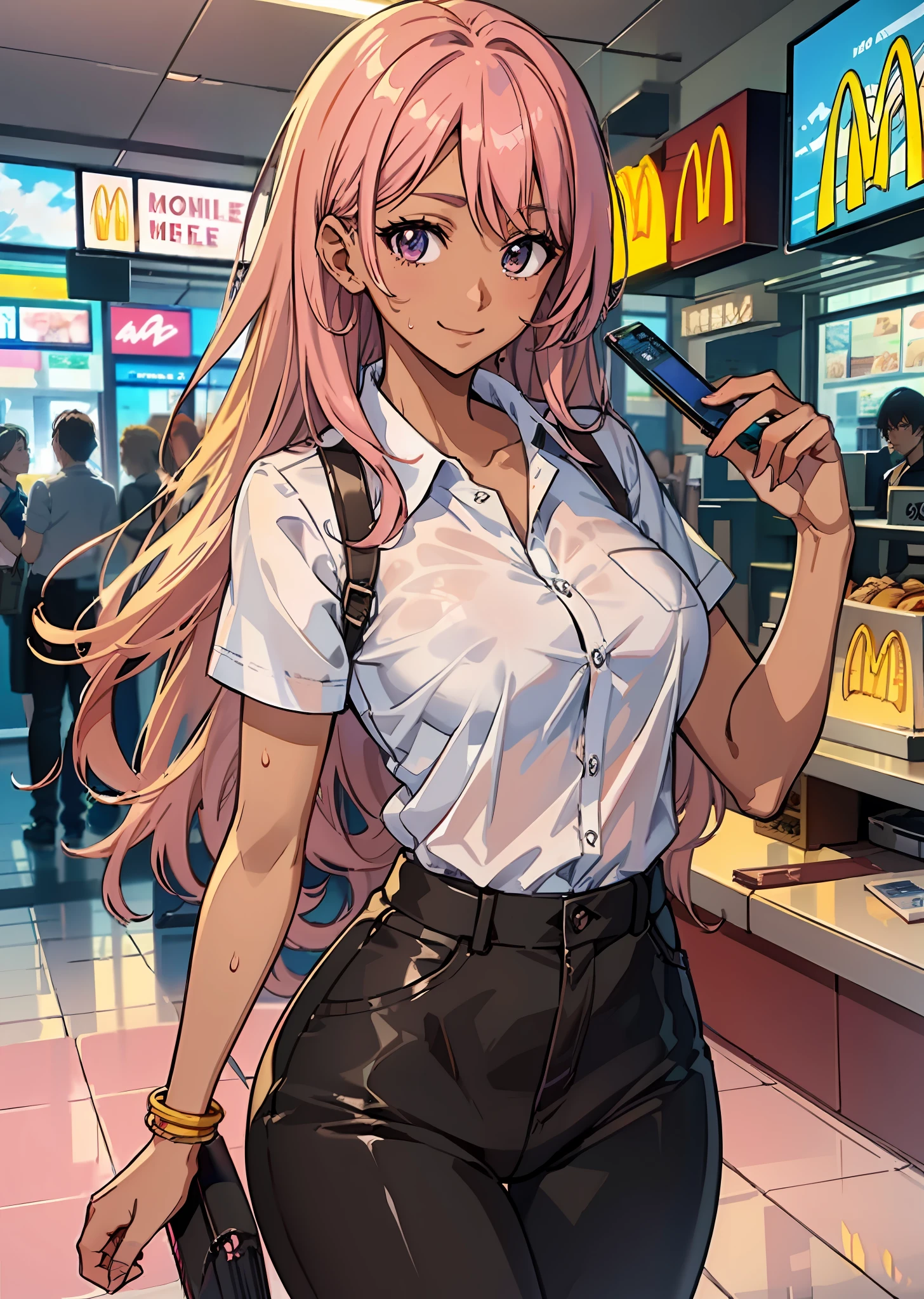 ((((Representative work 3.0、top-quality、Smile 3.0、Wearing a McDonald's uniform 4.0、Blouse、Look at me over the McDonald's counter、Work as a clerk at McDonald's、Brown skin、Pink hair 3.0、dynamic pose1.5、large full breasts、Brown skin color、A pink-haired、Wearing sweat、ssmile、)))((()))、Long body、(((((、long legged))))),((((darkskin)))),((sun burn)),Whole human body、(((Shyness)))、Realistic skin type、an anime girl、Detailed Digital Anime Art、extremely detailed art germ、a hyperrealistic schoolgirl、Ilyakukvshinov、Smooth Anime CG Art、Ultra Realistic Woman、ig model、ArtGerm、Photorealistic anime girl rendering、digital anime art