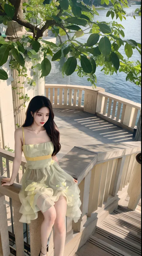 An Araki woman in a yellow dress sits on a railing, shaxi, Ethereal and dreamy, Ethereal beauty, Translucent dress, wearing flow...