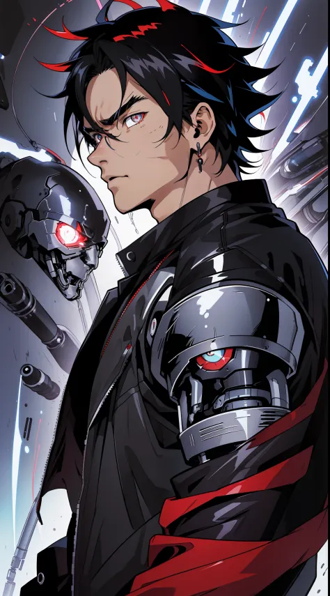 (anime) . male ((((terminator)))), black hair, deep red eyes . (masterpiece: 1.8), (64k quality), (final fantasy artwork concept...