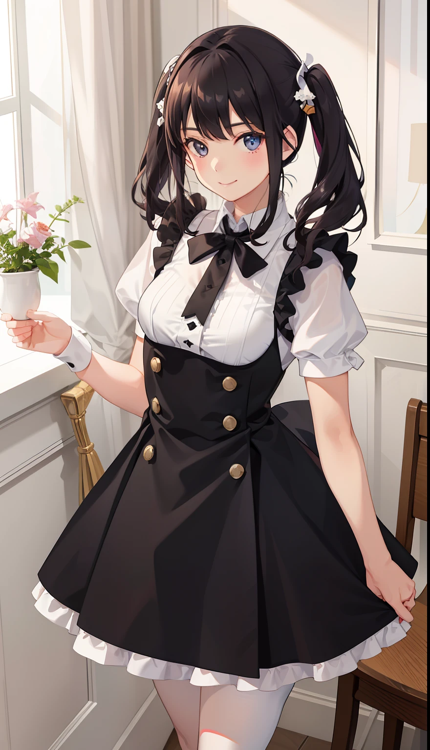 Anime girl in a maid outfit holding a flower in a vase - SeaArt AI