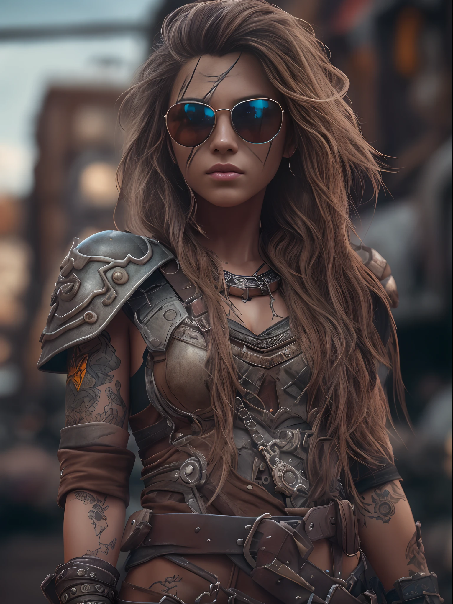 a hyper realistic ultra detailed photograph oF a Futuristic beautiFul barbarian woman wearing sunglasses at a dystopian city, tattered outFit with rusty metal armor plates, 長長的野髮, 刺青的手和身體, Fashion pose, detailed symmetric beautiFul hazel eyes, detailed gorgeous Face, 世界末日環境, 精致细节, 300萬畫素, 4k, Canon EOS 5D Mark IV 數位單眼相機, 85毫米鏡頭, sharp Focus, 细节复杂, 長曝光時間, F/8, ISO 100, 快門速度1/125, diFFuse back lighting, 得獎照片, Facing camera, 看著相機, 單視, perFect contrast, 高清晰度, Facial symmetry, depth oF Field, 超詳細攝影, 光線追蹤, 全域照明, 坦維爾·塔米姆, 光滑的, ultra high deFinition, 8K, 虚幻引擎 5, ultra sharp Focus, 获奖照片, ArtStation 上的熱門話題