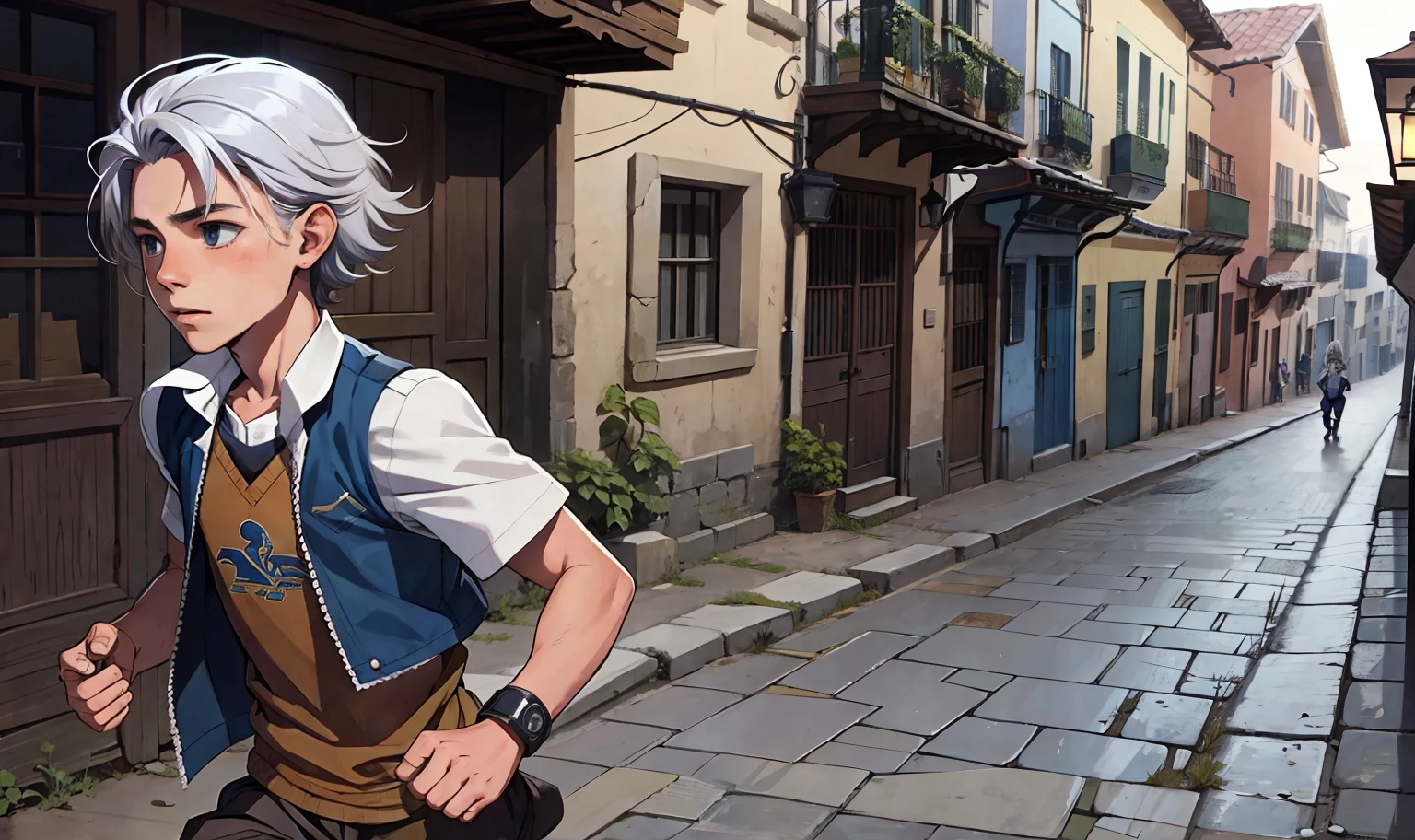 A young man runs through the village looking for his brother is 14 years old and has silver hair. y tiene puesto uniforme de la secundaria