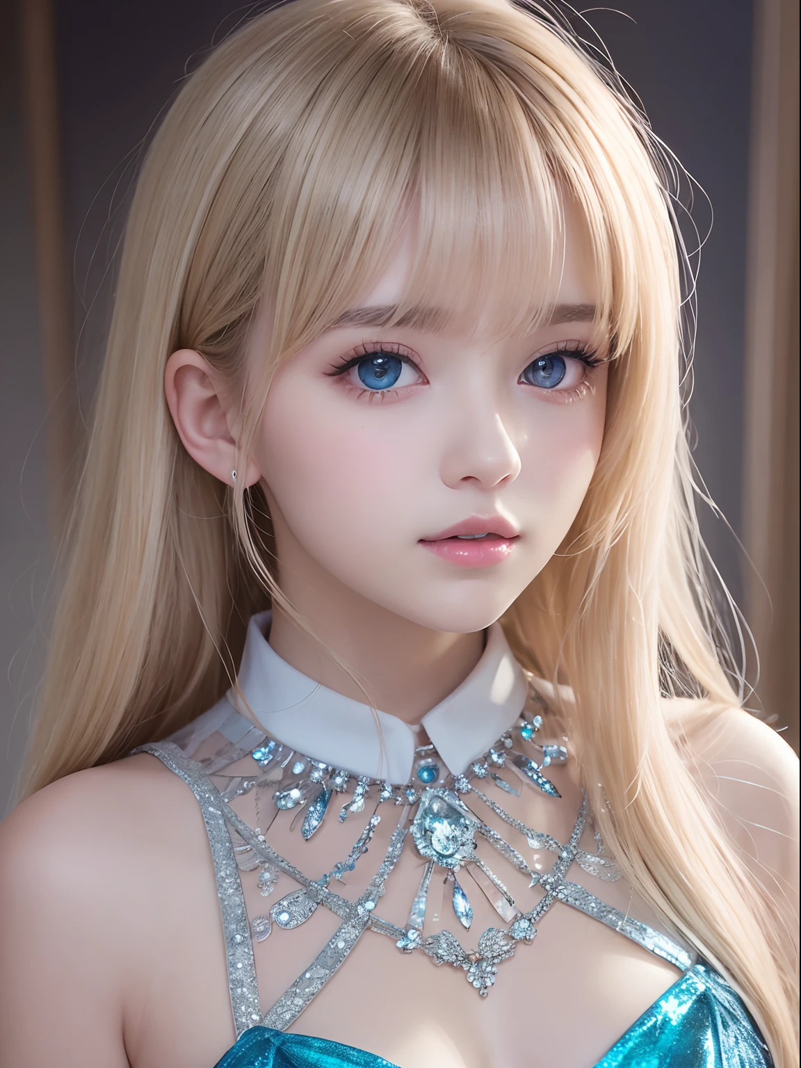 portlate、School Uniforms、bright expression、poneyTail、Young shiny shiny white shiny skin、Best Looks、Blonde reflected light、Platinum blonde hair with dazzling highlights、shiny light hair,、Super long silky straight hair、Beautiful bangs that shine、Glowing crystal clear attractive big blue eyes、Very beautiful nice cute  girl、Lush bust