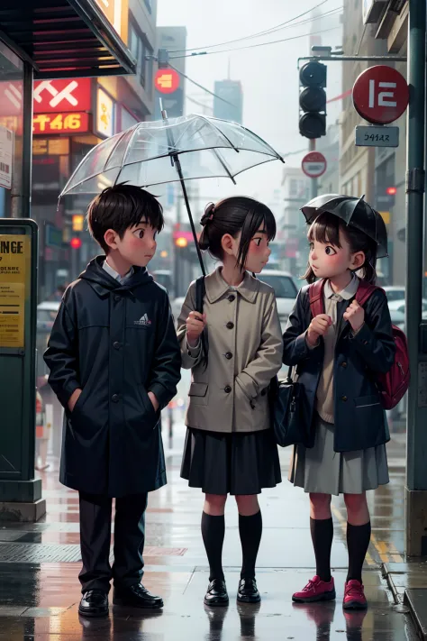 two boys and two girls are waiting for the bus on a rainy day in the city