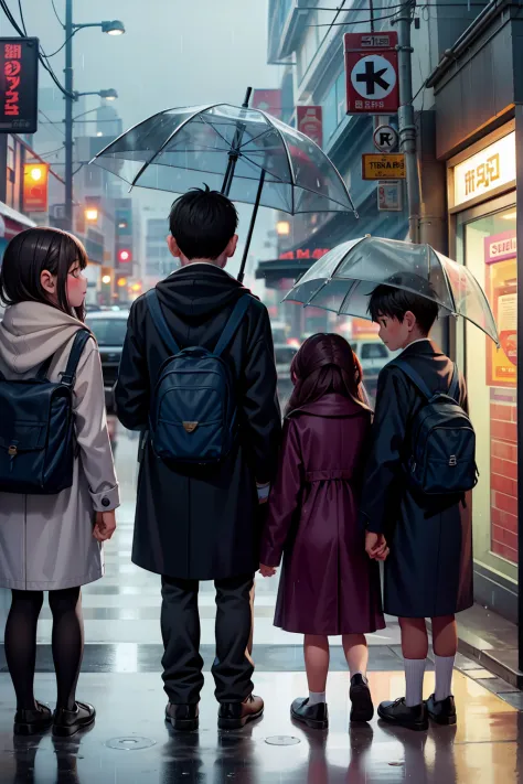 two boys and two girls are waiting for the bus on a rainy day in the city