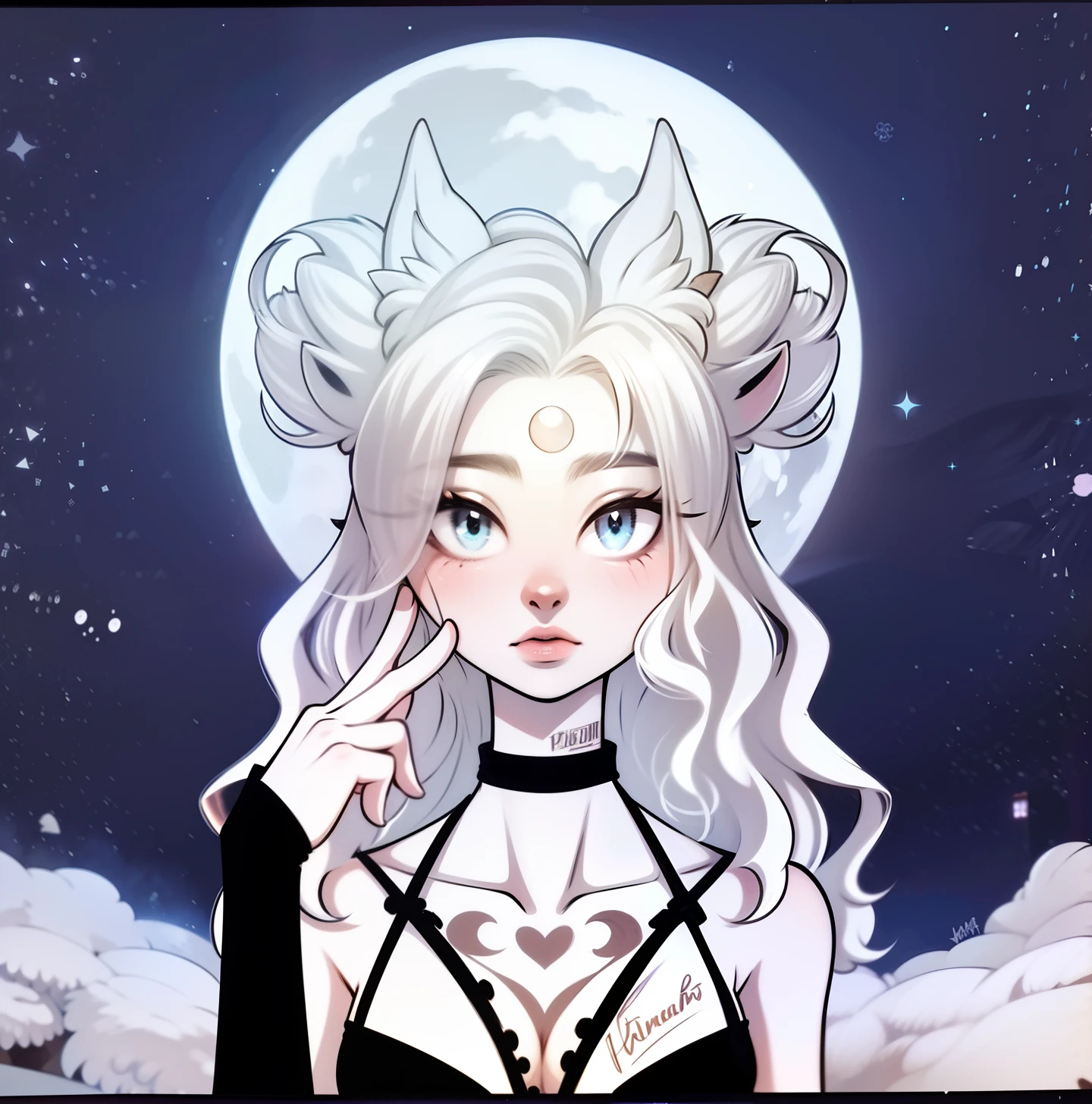 (Anthropomorphic wolf cute cub) orelhas de lobo,com jaqueta preta, um olho azul e outro branco , heterocromia nos olhos ,cabelo platinado cacheados com pontas roxas,bad girl, Moon birthmark on forehead 🌕🌙, Hibrido,jovem, retrato, busto, postura de frente para a camera, Cartoon, vestido como  uma vesater roqueira metaleira dos anos 80 obra prima, postura de confiante, youtuber, fleshy lips , piercings no nariz e nas orelhas de lobo, tatuagens pelo corpo, tattoo de lua 🌙 acima dos seios,asas de anjo negro nas costas, and dark purple necklace on neck, Hand with drag glove