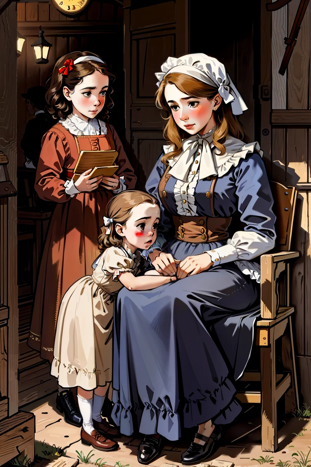 there are three women and a  sitting on a bench, norman rockwell style, in style of norman rockwell, inspired by Norman Rockwell, historically accurate, inspired by Louis-Léopold Boilly, inspired by Francesco Hayez, wearing 1840s era clothes, wearing 1 8 5 0 s era clothes, wearing 1850s era clothes